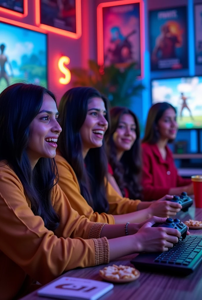 Need pic of Indian womens playing game on console with a gaming background