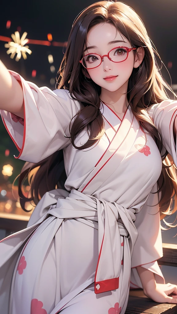 One Girl(High resolution, masterpiece, accurate, Anatomically correct), ((Landscape、Wearing glasses、A happy look、Slightly red cheeks))(((A pose with the waist bent forward:1.30、looking at the camera、Selfie)))、(Light Hair、Brown eyes、Straight hair)、((Colorful yukata))((festival、firework))、Highest quality, Ultra high definition, High-resolution model