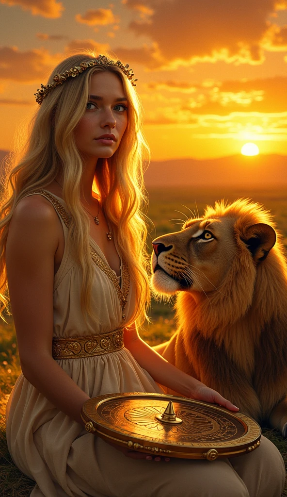 High-quality realistic acrylic art, vivid colors, A blonde woman, Magic Golden Leo astrolabe,Yellow-haired people,Next to the lion.