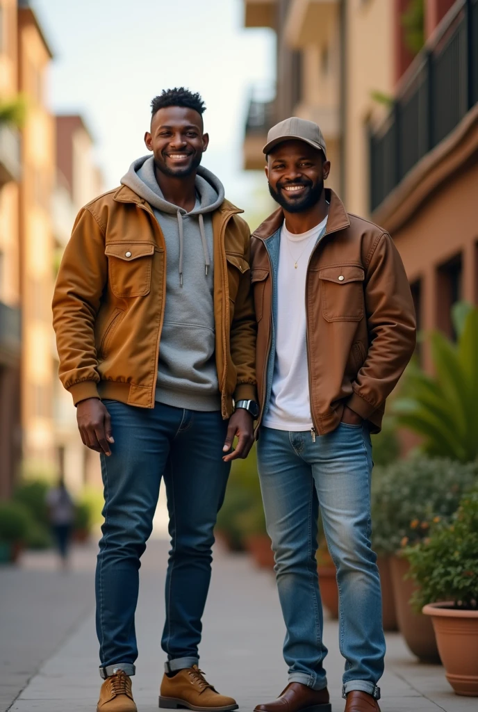 A before and after picture of two brown skinned men standing next to each others, in the first picture make the man in z right taller than the other, in the next picture make the man in the left taller