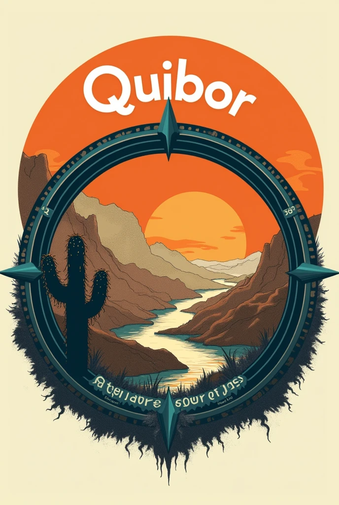 Logo Description (bottomless):1.General form:•The logo has a circular shape.2.bottom:•The background is orange, evoking a sunrise.3.Central Elements:•In the center, There is an illustration of gullies in beige colors, brown and a little bit of black.4.compass:•About the illustration, There is a stylized black compass, bottomless blanco.5.Logo Borders:•The outer edge of the logo is royal blue.•Within this border, There is a thinner light green border.6.Text:•At the top of the circle, The text says "Quibor".•Tipografía: Sans serif•Color: Blanco•Tamaño: Approximately 50 pt•At the bottom of the circle, The text says "Adventure Compass".•Tipografía: Sans serif•Color: Blanco•Tamaño: Approximately 30 pt7.Additional Elements:•On one side of the compass, There is a small black cactus with fine white details