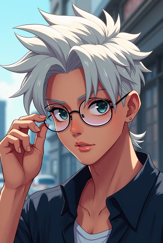 2d photo, white hair, two block mullet hairstyle, masculine, wearing metal-rimmed glasses, quiet, anime, black eyes, portrait, black shirt, youthful and dynamic