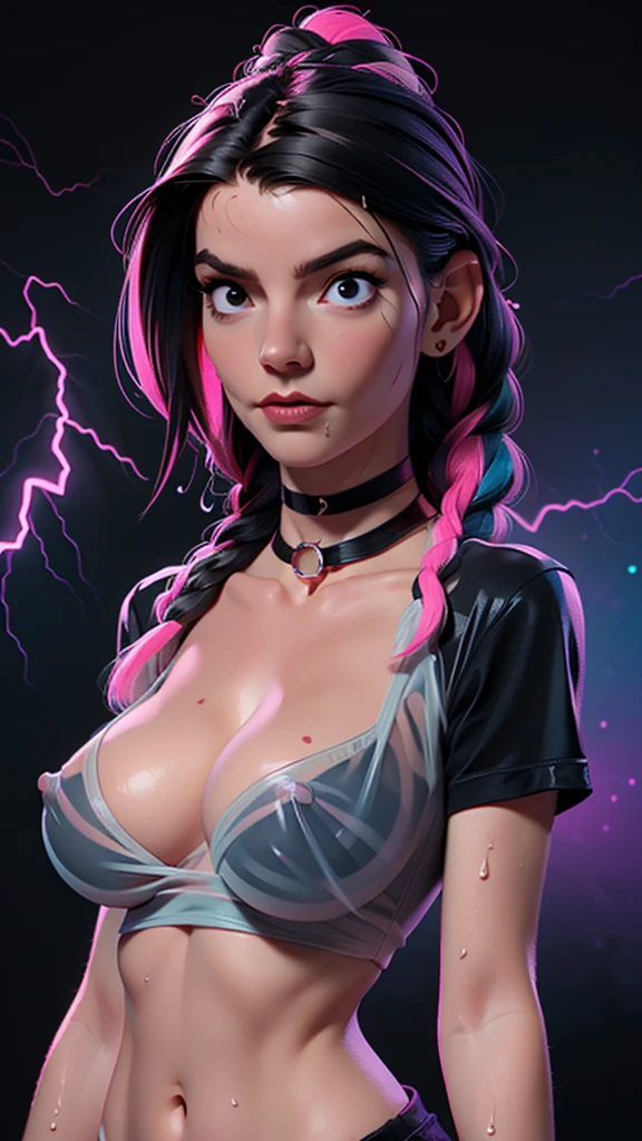 one girl, solo, (open stomach, bare stomach:1.3), slender body, fit body, (upper body, bust:1.2), (black eyes:1.3), black hair, (two cute braids:1.2), masterpiece, highly detailed, look at viewer, front view, (big breasts, huge breasts, giant breasts, exposed breasts, deep cleavage:1.5), (transparent black t-shirt, wet t-shirt, choker:1.4), (studio lights, fractal art, bright colors, splashes of color background, colors mashing, paint splatter, complimentary colors, neon, compassionate, thunder, lightnings, electric, limited palette:1.1), expressing joy, (nipples:1.1)