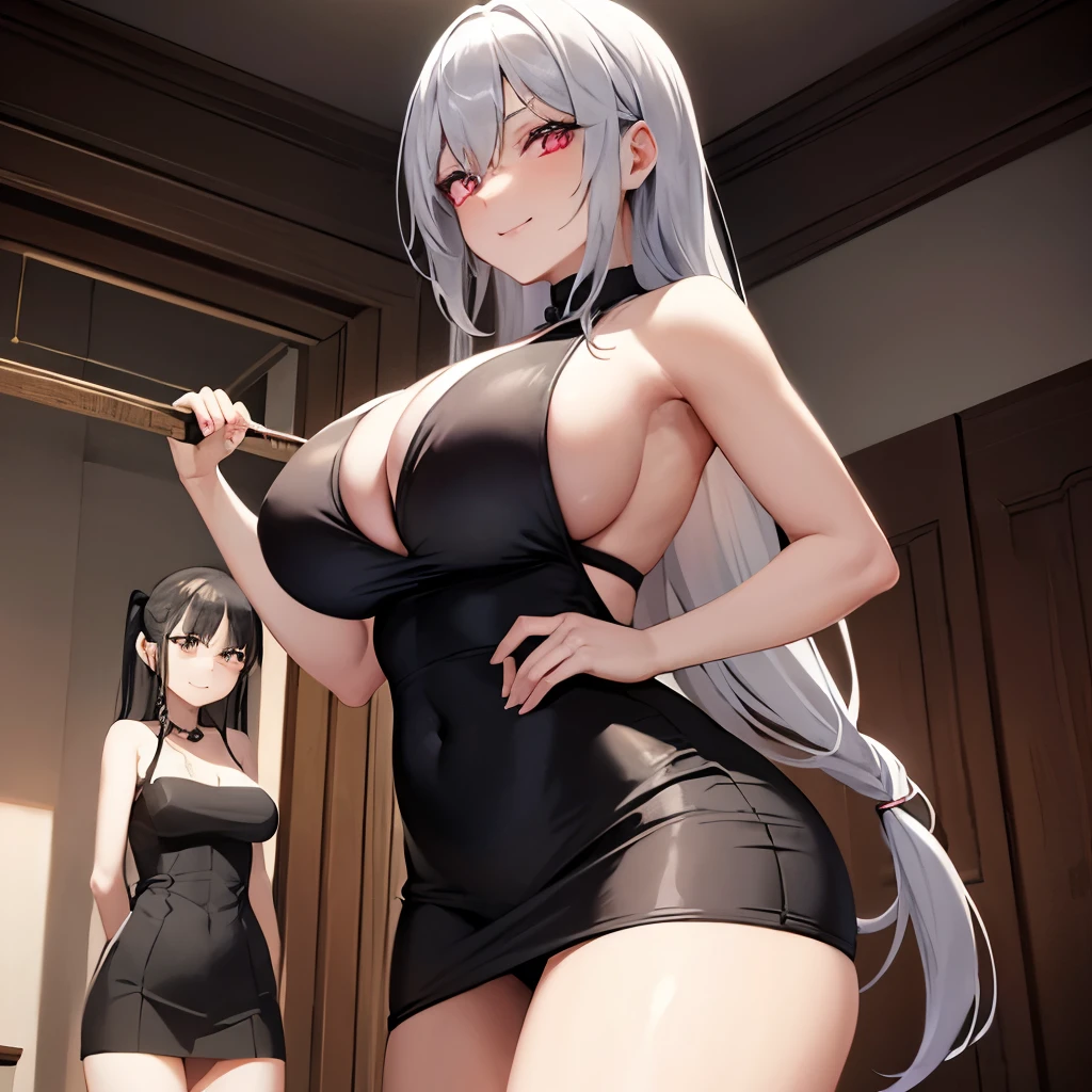 smile,female duo, Evil look,Large Breasts,Look down,has a rope in hand,Dark Room,Put your hands behind your back
