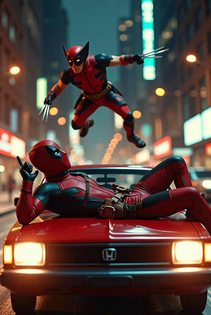 (photorealism:1.2), (HDR quality), (realism size), (perfect pose) deadpool is on top the civic car he is laydown and holding at the range rover rooftop(one hand is raised his 5 fingers), thecar run so fastly, at nights orange colored streetlights, at newyork city, wolverine chasing him behind jumping highly.