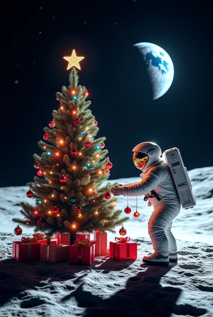 An astronaut placing lights and ornaments on a Christmas tree planted on the lunar surface, with gifts floating around and the Earth shining like the star on top.