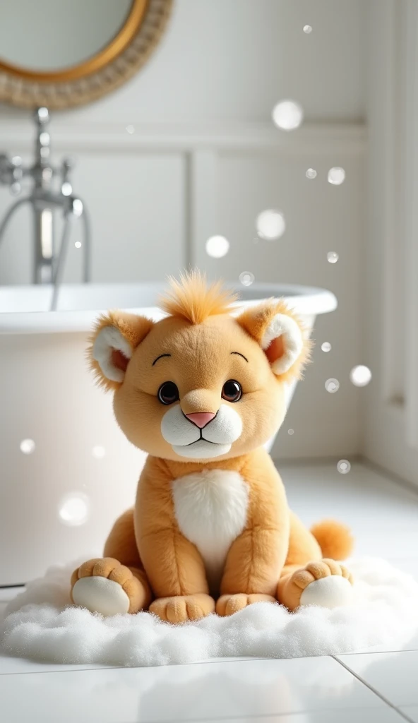 A cute little lion, sit on the floor,With a big belly like a big balloon,Big bright eyes, Fluffy, Delicate and exquisite, Real version of the lion cub,Play with real white foam in the bathroom,Pure white high-end bathroom background