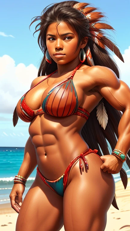 beautiful 15-year-old Native American girl, body-builder, large breasts, red bikini, flexing muscles. long flowing black hair. The background is a Tropical beach with crashing waves and palm trees blowing in the wind.