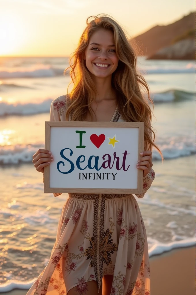 Beautiful girl with wavy long hair, bohemian dress, holding a white board with text "I Love Seaart Infinity" and showing it to the viewer