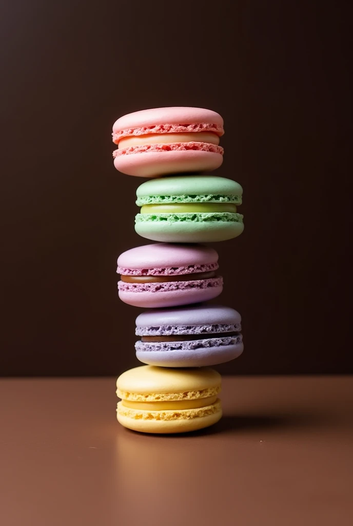 Colorful macarons on a brown and black background. Leave some space and look at it from a 45 degree angle. Macarons do not need to be shiny. Stack several macarons slightly.