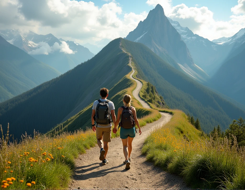 The couple held hands and walked forward on a very long road before reaching the top of the mountain. They saw that the road ahead was still a long way up a high mountain with a very beautiful view. The road was winding and had many curves.