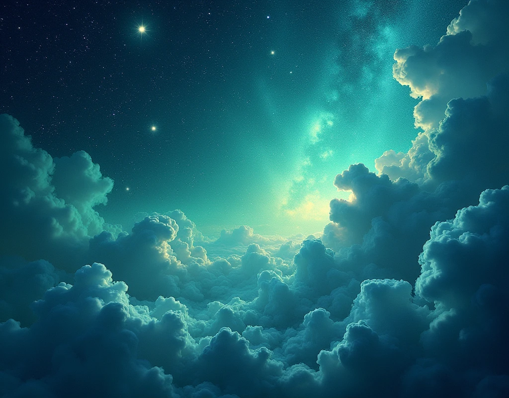 Celestial Tapestry: Ethereal, Blue and Green, Aerial, Stars, Night Sky