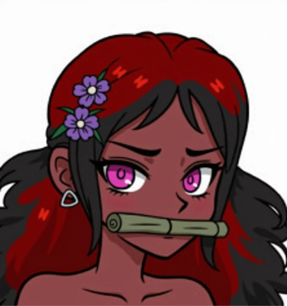 Red/black hair, pink eyes, bamboo gag, eyelashes, darker skinned, purple flower hair clips, mini hoop earrings,