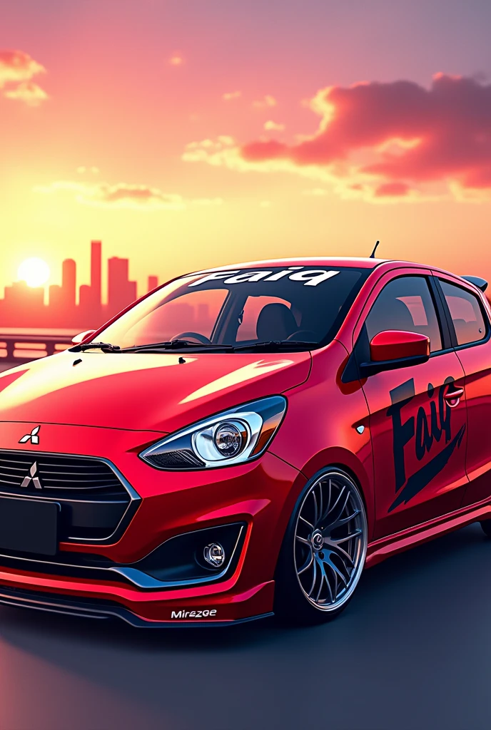 Anime red mitsubishi mirage hatchback with name faiq on top windscreen in 3d