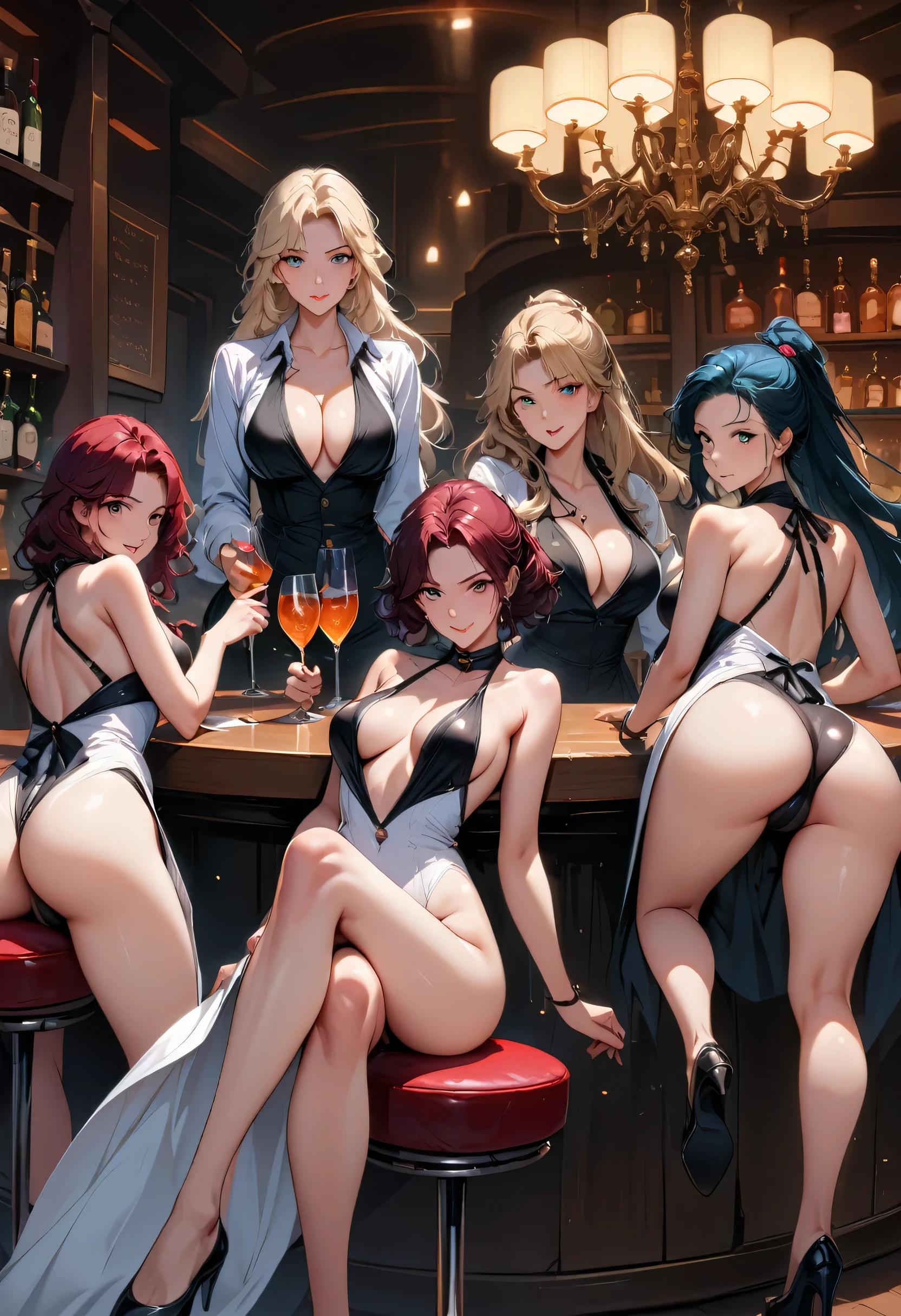 Five women at the bar, sitting on bar stools, view from behind, panoramic view, A vivid tableau of erotic anticipation within the dimly-lit confines of Anal Club No.3, where the air is thick with the scent of arousal and the promise of unbridled sexual liberation. Five stunning female members, Vin, Naz, Jae, Indi, and Maya, clad in matching black slingshot swimsuits and tight red , are poised on bar stools, their long legs elegantly crossed and their shapely asses displayed for the arriving male audience. The 15 geeks, a mix of old and new members, are dressed in their everyday attire, their eyes widening with excitement and a hint of trepidation as they set foot into this adult wonderland. The male bartender, a towering figure of masculine appeal, stands behind the bar with a knowing smirk, his massive cock clearly outlined beneath his apron. As the games commence, the women confidently approach the nervous geeks, each one carefully grasping a glass filled with a mysterious liquid. The challenge is clear: cum without spilling a drop.