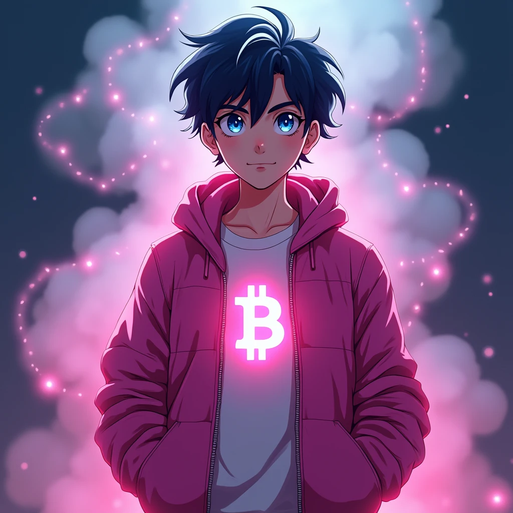 Create a 3D illustration of a 25 year old boy wearing a pink jacket with glowing Bitcoin logo, smoke artistically forming a frame edit Photoshop Computer named, anime style, detailed 