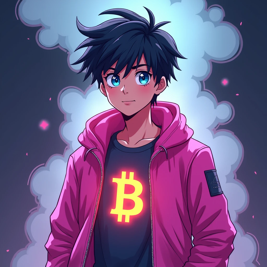 Create a 3D illustration of a 25 year old boy wearing a pink jacket with glowing Bitcoin logo, smoke artistically forming a frame edit Photoshop Computer named, anime style, detailed