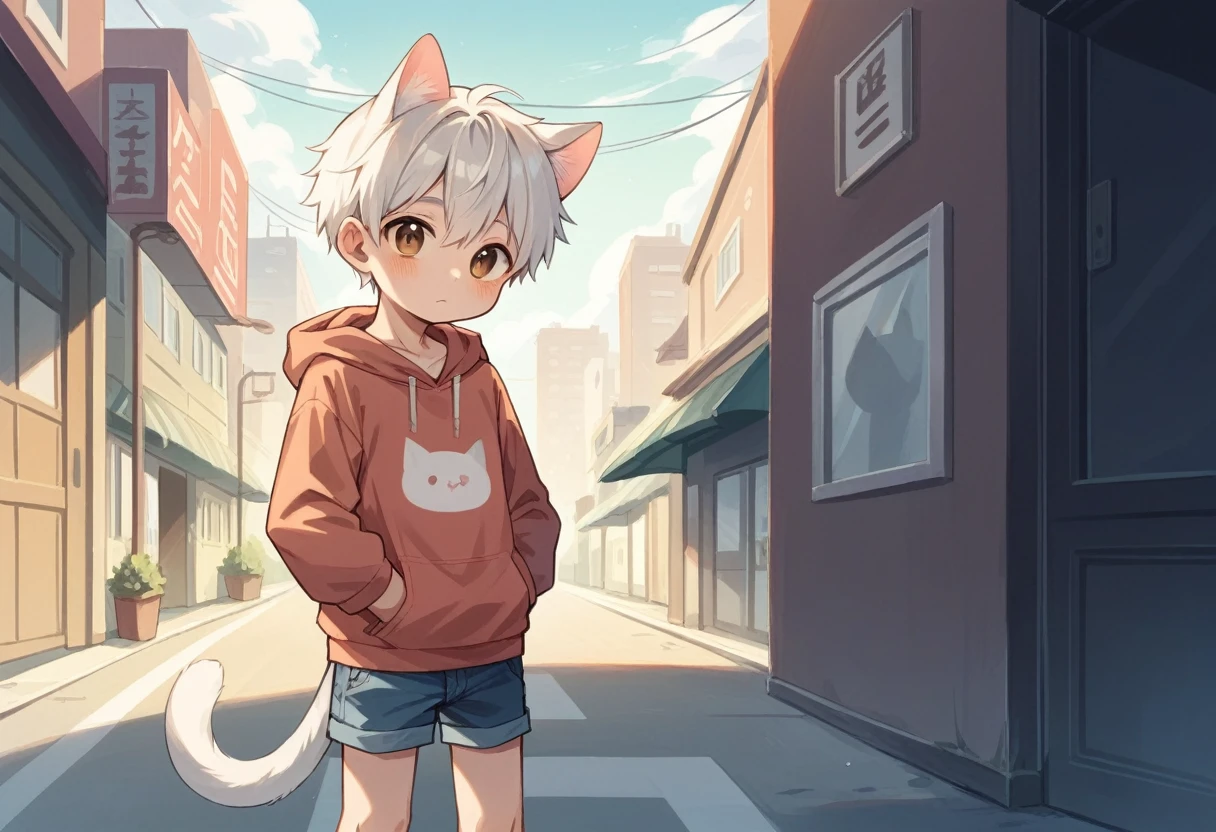 A man with pure white hair and a height of about 155cm　Short Hair　Has white cat ears and a tail　Pure white cat ears　Straight cat tail　Brown eyes　Round and pretty eyes　Shota　cute　She is wearing an oversized pastel colored hoodie and denim shorts.　Standing on the sidewalk　Modern cityscape background(A delicate landscape)　High resolution　Show the whole body