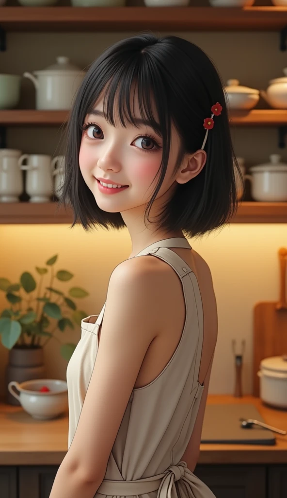 (8k, Realistic: 1.2, RAW Photos, Highest quality: 1.4),A Japanese idol-like beautiful girl,1 person,18-year-old,Hairstyle(Short Bob,black),She has her hair tucked behind her ear,She has small earrings in her ears,big, Transparent grey eyes,Long eyelashes,Plump Cheeks,Completely naked(big chest,Erect nipples,Thin and delicate shoulders,thin abdomen,A round waist,Upturned hips),barefoot,(Apron on bare skin(Tie strings in a bow on the return,chest, return, Her waist and hips are visible :1.4)),kitchen,(Looking return at the camera and smiling),(View from diagonally behind :1.4),Full body portrait