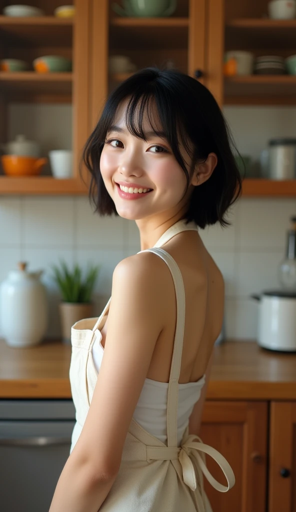 (8k, Realistic: 1.2, RAW Photos, Highest quality: 1.4),A Japanese idol-like beautiful girl,1 person,18-year-old,Hairstyle(Short Bob,black),She has her hair tucked behind her ear,She has small earrings in her ears,big, Transparent grey eyes,Long eyelashes,Plump Cheeks,Completely naked(big chest,Erect nipples,Thin and delicate shoulders,thin abdomen,A round waist,Upturned hips),barefoot,(Apron on bare skin(Tie strings in a bow on the return,chest, return, Her waist and hips are visible :1.4)),kitchen,(Looking return at the camera and smiling),(View from diagonally behind :1.4),Full body portrait