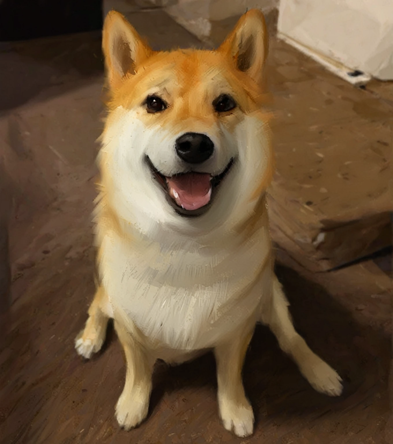 albeniz rodriguez style,caricature,fisheye view,there is a dog that is sitting on the floor with its mouth open, doge, shibu inu, shiba inu, anthropomorphic shiba inu, shiba inu dog, doge meme, shiba inu face, he is very happy, shiba inu portrait, inspired by Shiba Kōkan, japanese dog