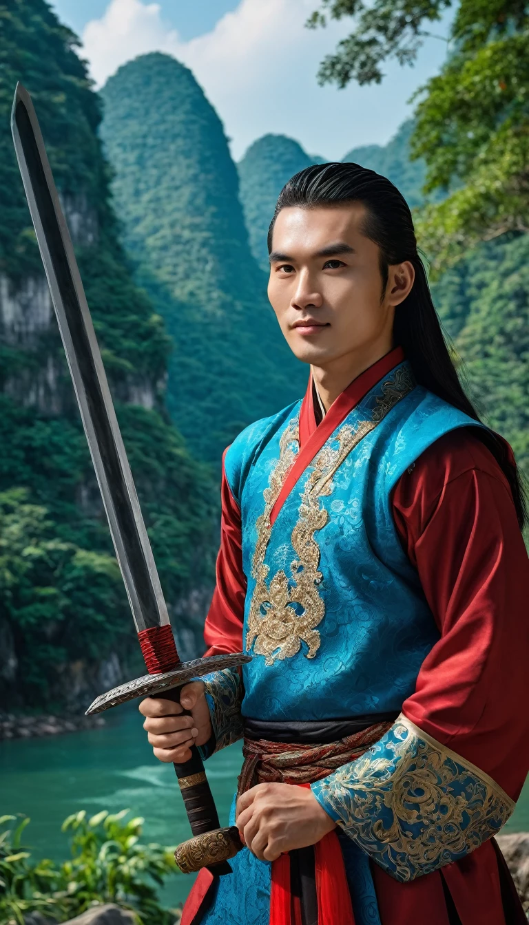 Character Lenh Ho Xung, work Tieu Ngao Giang Ho by Kim
Dung, China, ancient swordplay film. handsome young man, long hair, brown skin, very handsome makeup, hair with spiritual accessories, wearing ancient Chinese costumes of blue and red brocade in many colors, holding long ((sharp steel sword)), wearing jewelry care, smiling face, using high-end cosmetics. The photo shows a gentle, graceful look, strong spirit, the boy's eyes look straight into the lens. The background is the rocks on the river surrounded by trees, limestone pillars, mountain river trees, majestic natural scenery, beautiful Vietnamese jungle, beautiful nature in the background, Chinese scenery, forest and river, very beautiful scenery, beautiful jungle scenery, wonderful scenery, trees and cliffs. Background of the river forest, mountain forest scenery, beautiful jungle, blue sky, white clouds. Hong Kong cinema style. Cinematic light, high detail, 8K, artstation, artistic concept, any virtual darkness. Photo taken with Canon EOS R5 85mm f/11 camera, sharp mode of people and surroundings. Photo quality 8K, realistic, masterpiece, sharpest and highest contrast, amazing depth of field, stereoscopic light, strong and fierce emotion, detailed pore defect, Direct light on face, bright sunlight.