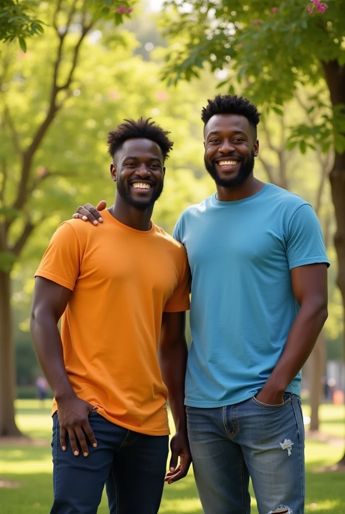 A before and after picture of two brown skinned men standing next to each others, in the first picture make the man in z right taller than the other, in the next picture make the man in the left taller