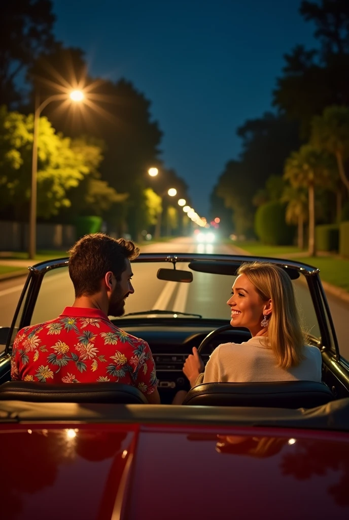 A man in a red Hawaiian shirt driving a car on a dark street and looking at his blonde wife in a beige sweatshirt