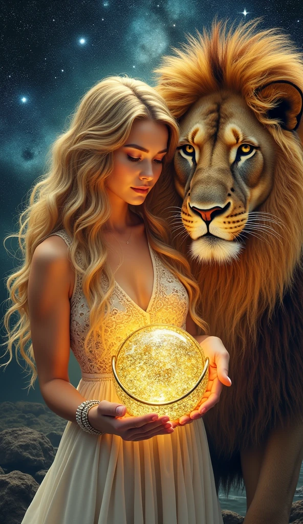 High-quality realistic acrylic art, vivid colors, A blonde woman, Magic Golden Leo astrolabe,Yellow-haired people,Next to the lion.