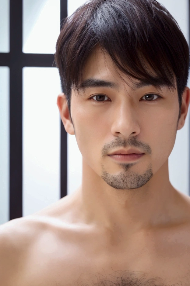 Handsome Japanese man in his 40s,Upper body portrait,Shaving,shaver,Bangs are down, 4k