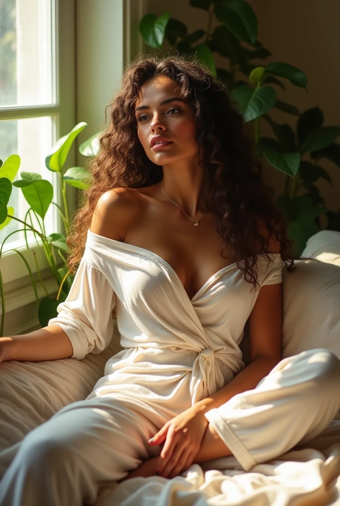 (photorealism:1.2), beautiful woman, sitting on bed, wearing loose off-shoulder top, pajama pants, long curly hair, indoors, soft lighting, plants in background, window with sunlight, cozy room, relaxed pose, realistic, intricate details, warm colors, by Greg Rutkowski, by Alphonse Mucha