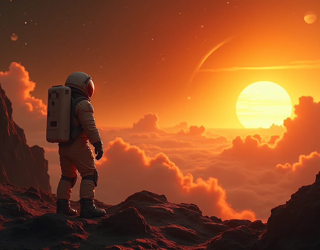 Solar Embrace: Warm, Orange and Yellow, Space Exploration, Golden Hour, Cinematic