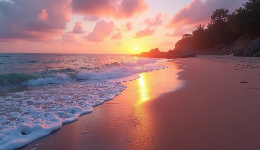 (best quality, masterpiece, ultra detailed, ultra high res, photorealistic, raw photo, absurdres, absolutely resolution), A drone shot shows the waves gently lapping on the beach at dawn.