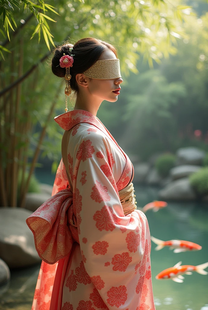 A woman wearing a kimono and blindfolded, full body