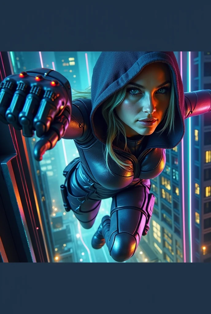 a portrait of Jaime Sommers the bionic woman, jumping from heights, hood, neon lights, high-tech clothing,