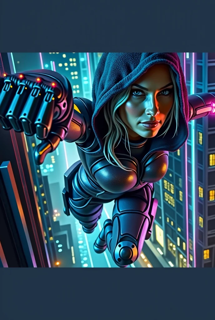 a portrait of Jaime Sommers the bionic woman, jumping from heights, hood, neon lights, high-tech clothing,