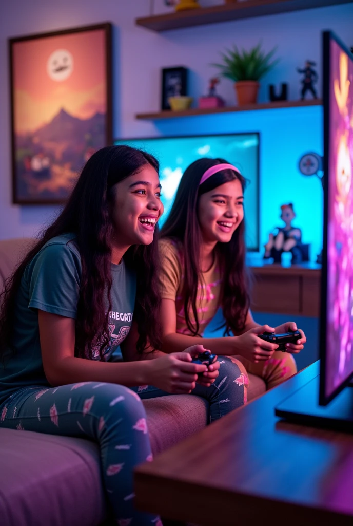 Need pic of Indian girls  playing game on console with a gaming background 