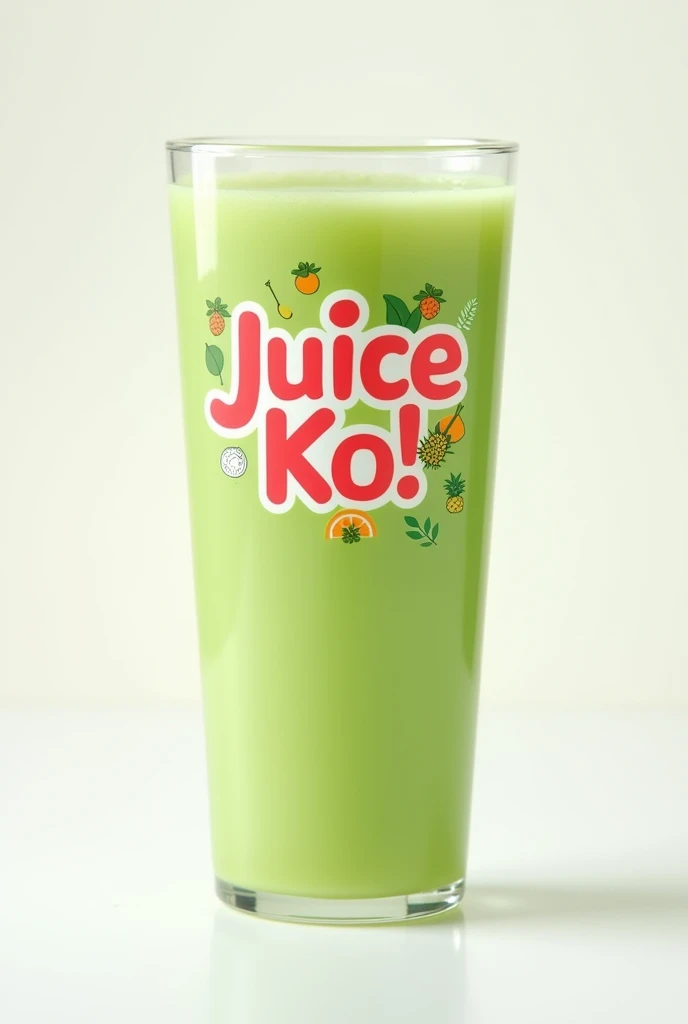 A sleek, modern paper cartoon container with a transparent label showcasing the product information, standing upright on a minimalist white background, filled to the brim with 325ml of vibrant, Four Seasons ( orange, pineapple , mango , watermelon)juice flavor, its creamy light green color glistening in the subtle lighting, with the brand name 'Juice Ko!' emblazoned in bold, playful, cursive script with rounded edges, in a deep coral pink hue, adorned with tiny, illustrations of guyabano leaves and fruits, surrounded by a thin, white outline, adding a touch of whimsy and fun to the overall design.