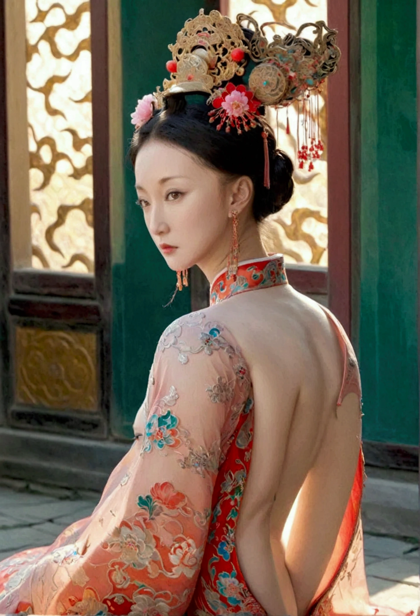 The Qing Dynasty woman is naked and has slightly large breasts., Pose on all fours, You can see her sticking out her butt from the side., The background is outside of a Qing Dynasty palace