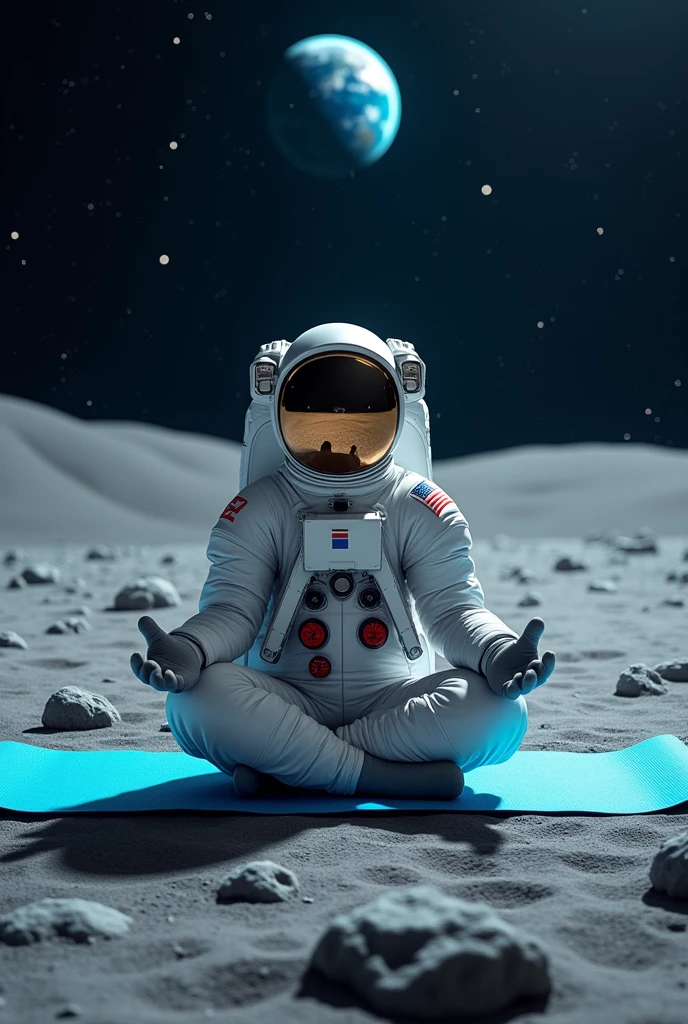 An astronaut in the lotus position, peacefully meditating on a yoga mat, with eyes closed while levitating slightly above the lunar surface.