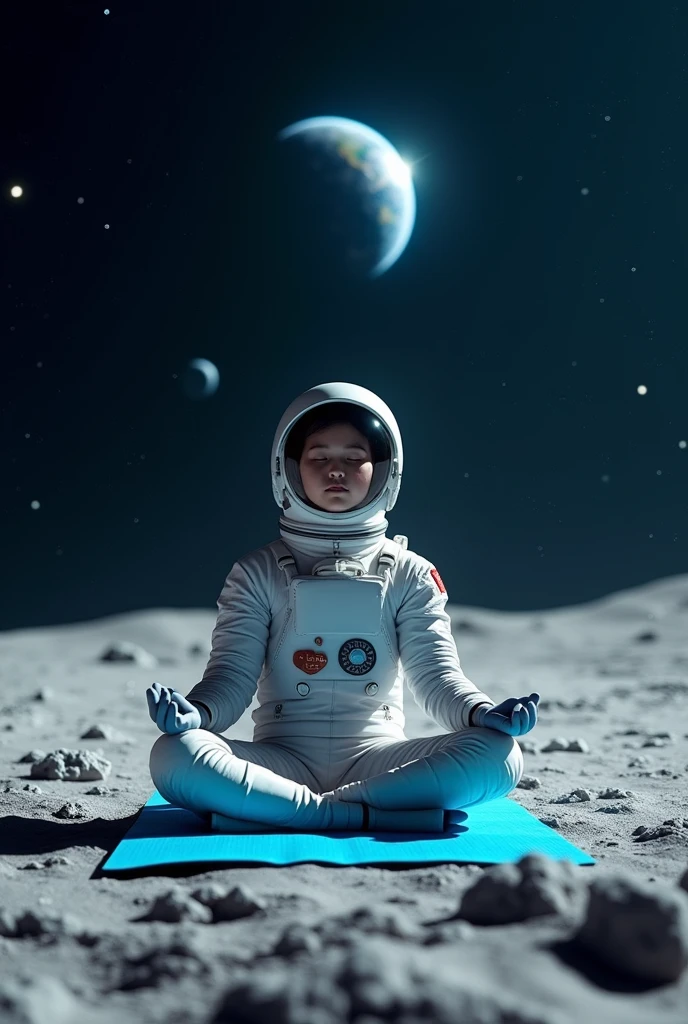 An astronaut in the lotus position, peacefully meditating on a yoga mat, with eyes closed while levitating slightly above the lunar surface.
