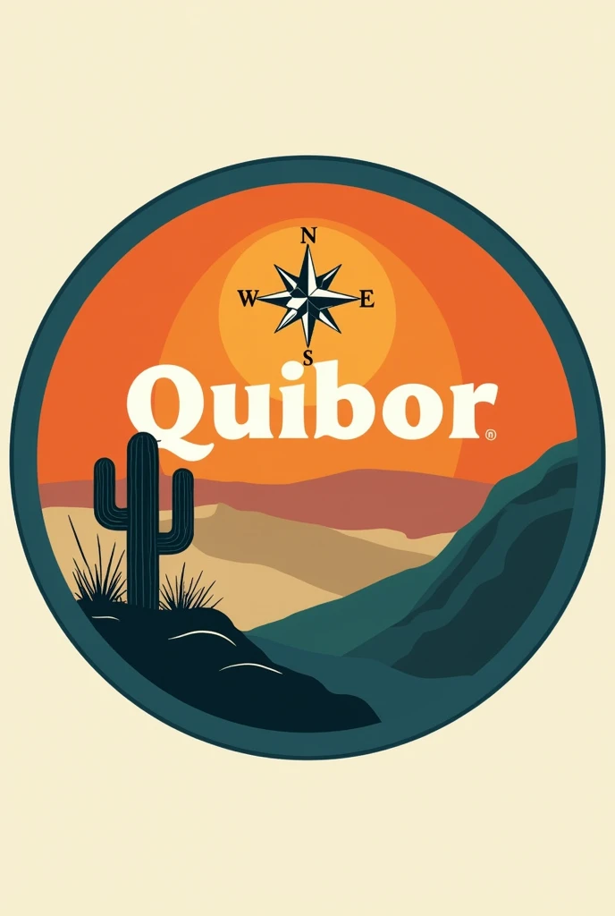 Logo Description (bottomless):1.General form:•The logo has a circular shape.2.bottom:•The background is orange, evoking a sunrise.3.Central Elements:•In the center, There is an illustration of gullies in beige colors, brown and a little bit of black.4.compass:•About the illustration, There is a small, stylized, black compass, bottomless blanco.5.Logo Borders:•The outer edge of the logo is royal blue.•Within this border, There is a thinner light green border.6.Text:•At the top of the circle, The text says "Quibor".•Tipografía: Sans serif•Color: Blanco•Tamaño: Approximately 50 pt•At the bottom of the circle, The text says "Adventure Compass".•Tipografía: Sans serif•Color: Blanco•Tamaño: Approximately 30 pt7.Additional Elements:•On one side of the compass, There is a small black cactus with fine white details