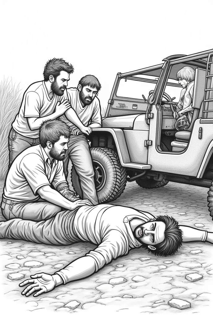 Make a coloring drawing without color with a man lying on the ground and several people around worried about him and an old jeep next to him
