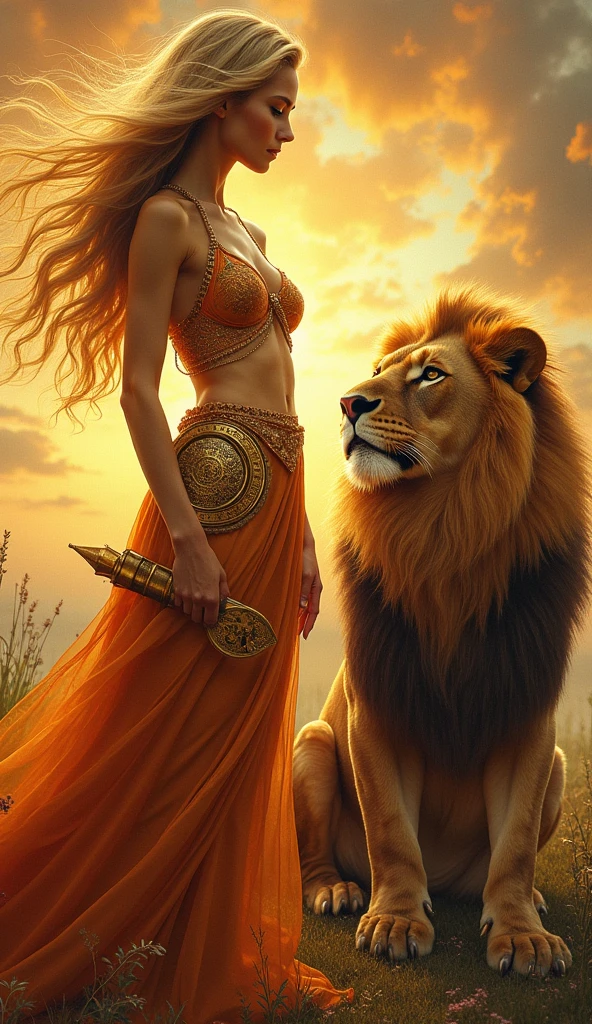 High-quality realistic acrylic art, vivid colors, A blonde woman, Magic Golden Leo astrolabe,Yellow-haired people,Next to the lion.