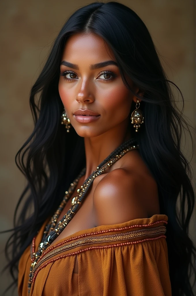 ((best quality)), ((masterpiece)), (detailed), beautiful Native American woman, mid-30s, caramel-colored skin, long and flowing black hair. soft heart-shaped face, dark brown eyes, full lips, traditional Native American clothing, beadwork and soft leather, curvaceous figure