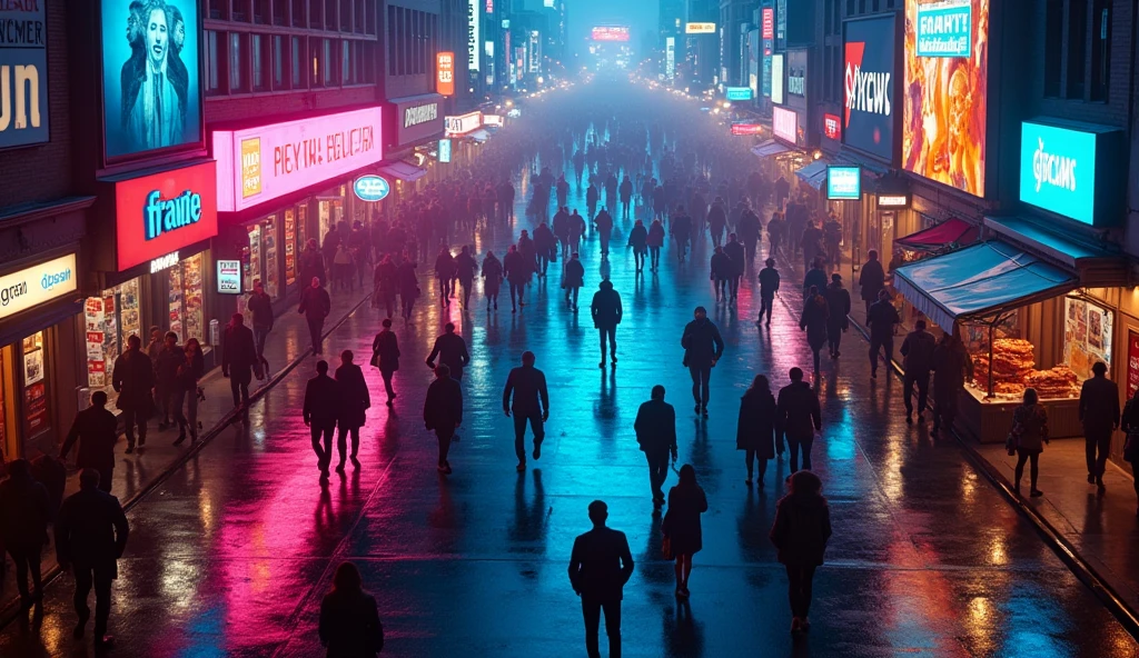 (best quality, masterpiece, ultra detailed, ultra high res, photorealistic, raw photo, absurdres, absolutely resolution), A bird's-eye view of the neon-lit streets of the city at night, capturing people coming and going in slow motion.