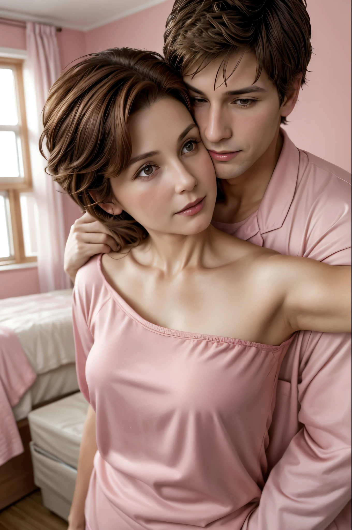 mature mom with brown hair lies and hugs a boy with brown hair, mature mom 40 year old, boy 8 year old, mature mom Wearing pink Bra and underware, boy Wearing pink pijamas, standing in bedroom
