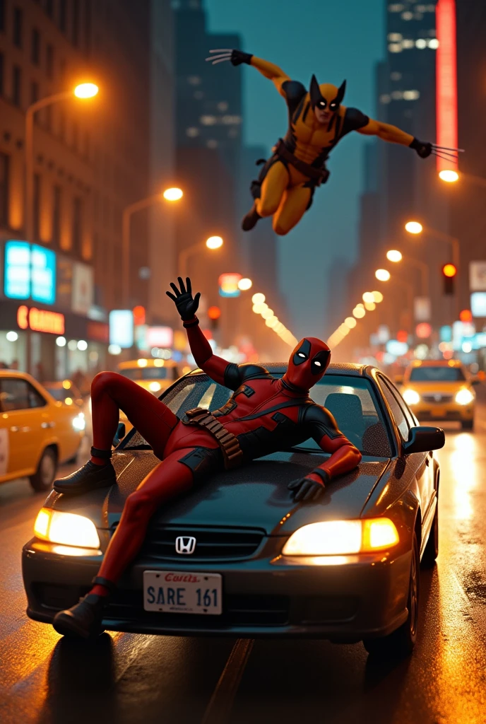 (photorealism:1.2), (HDR quality), (realism size), (perfect pose) deadpool is on top the civic car he is laydown and holding at the landrover rooftop(one hand is raised his 5 fingers), thecar run so fastly, at nights orange colored streetlights, at newyork city, wolverine chasing him behind jumping highly.