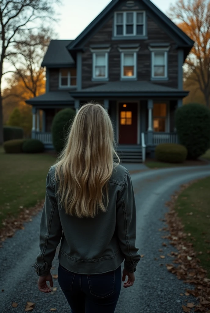 The blonde woman gets out of the car and heads towards the house, but she is a little scared.