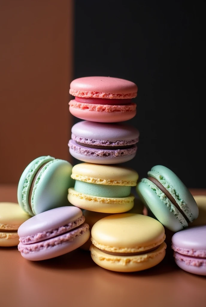 Colorful macarons on a brown and black background. Leave some space and look at it diagonally from 45 degrees upwards. Macarons do not need to be shiny. Stack some macarons slightly, but do not stack them all together. Place macarons around them.